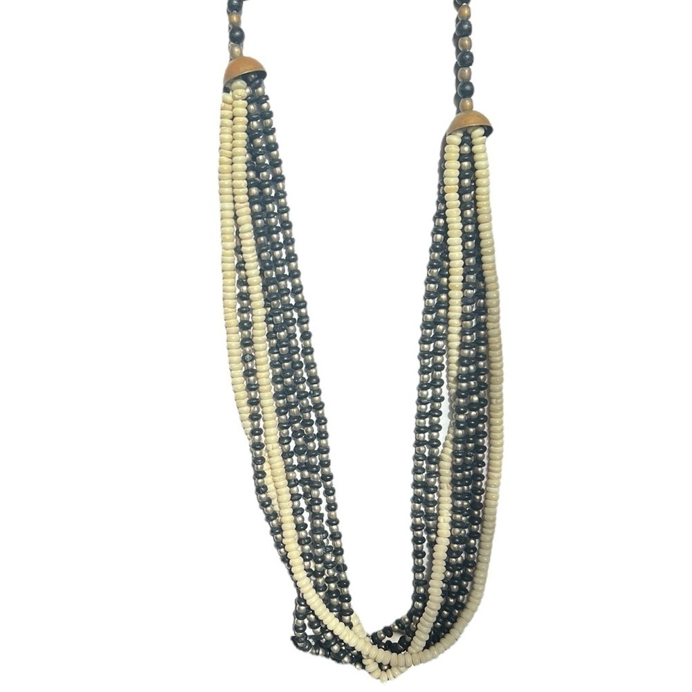 Vintage Ivory & Black Beaded Multi Strand Necklace Boho Granny